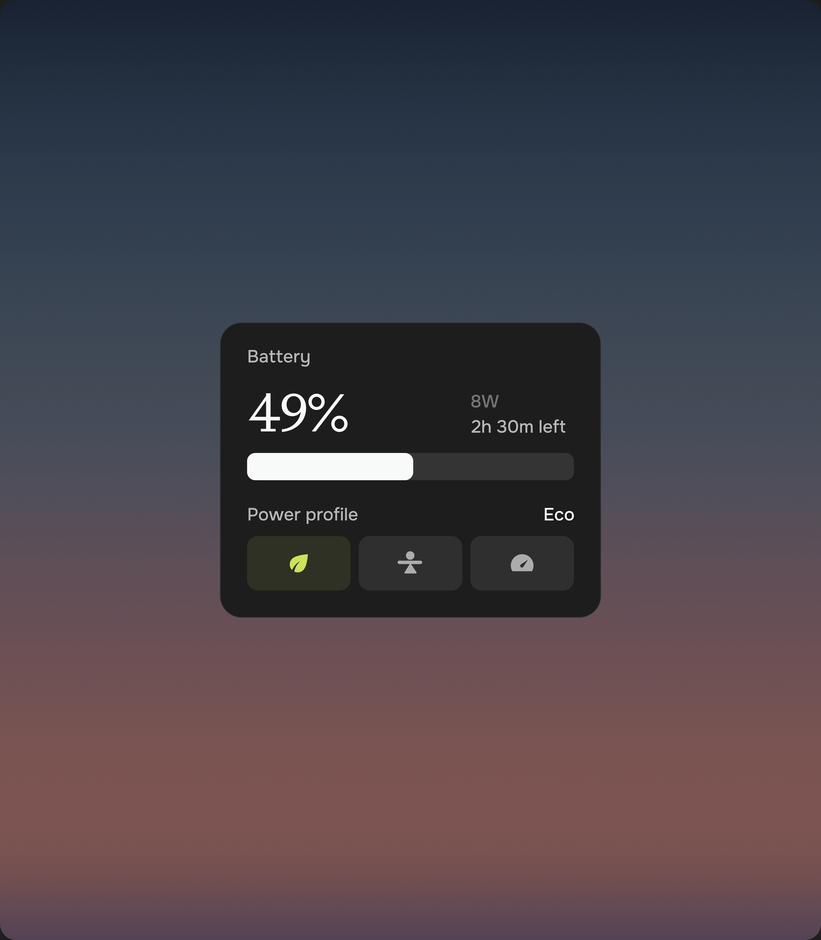 Battery panel showing 49 percent charge, remaining time, and power profiles