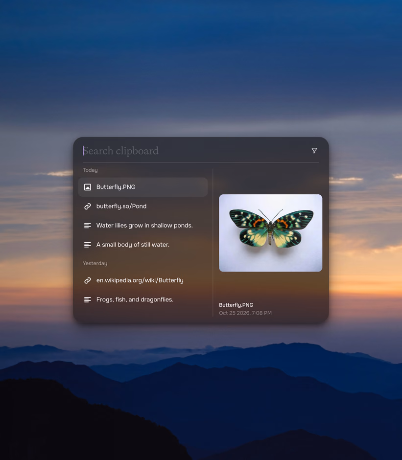 Clipboard search with copied text, links, and a butterfly image preview