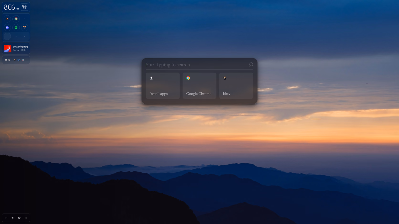 Pond desktop with the sidebar and app launcher over a mountain sunset