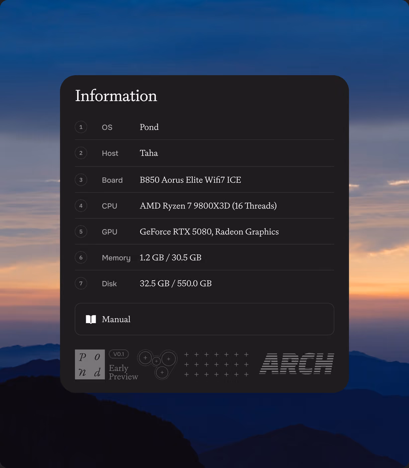Pond's information dialog with system specifications and a link to the manual