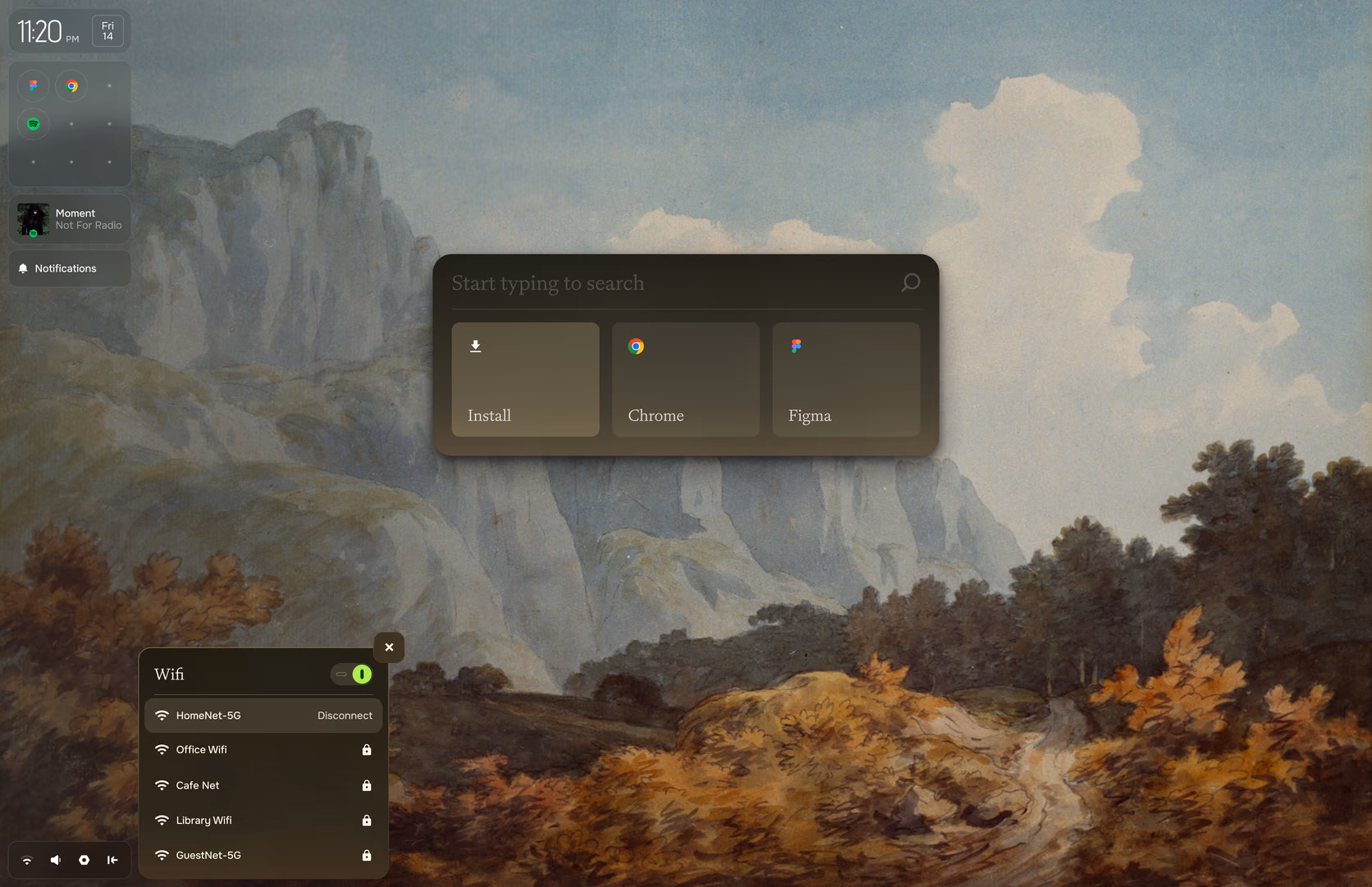 Pond desktop in the Hazelnut theme: sidebar, launcher and Wi-Fi panel in warm browns over a landscape painting