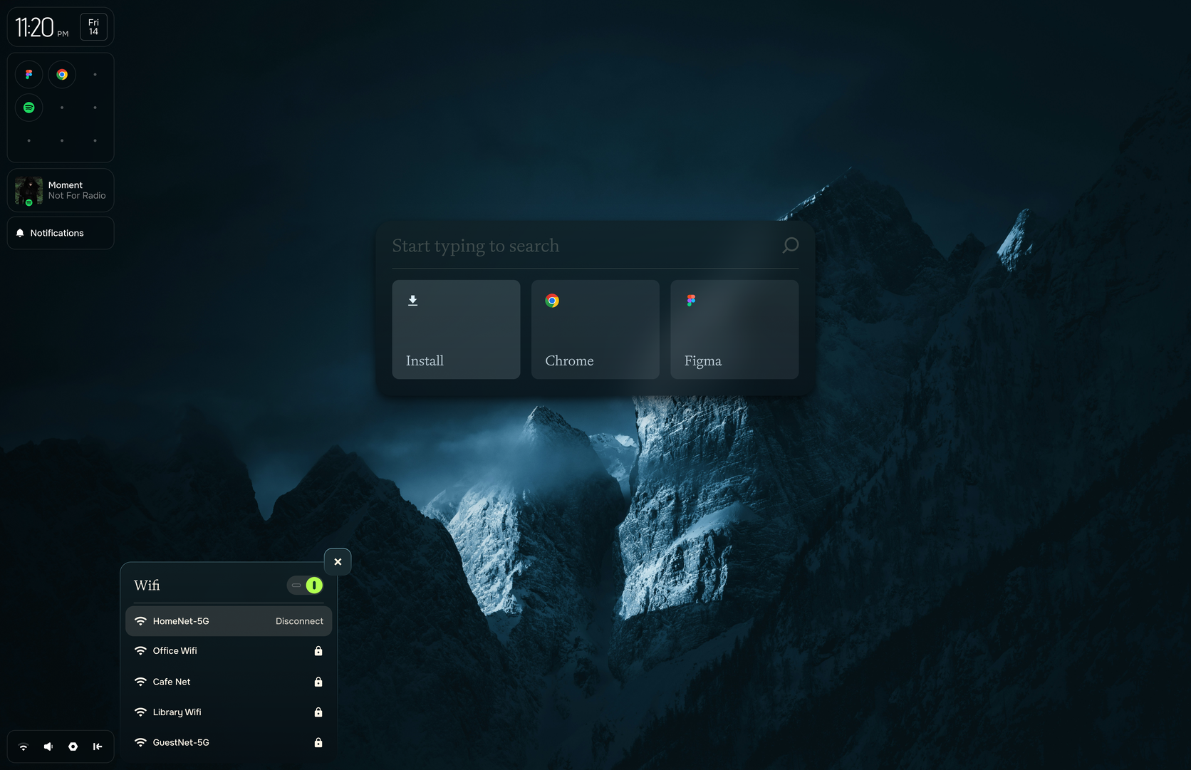 Pond desktop in the North theme: dark blue launcher and Wi-Fi panel over snowy mountain peaks