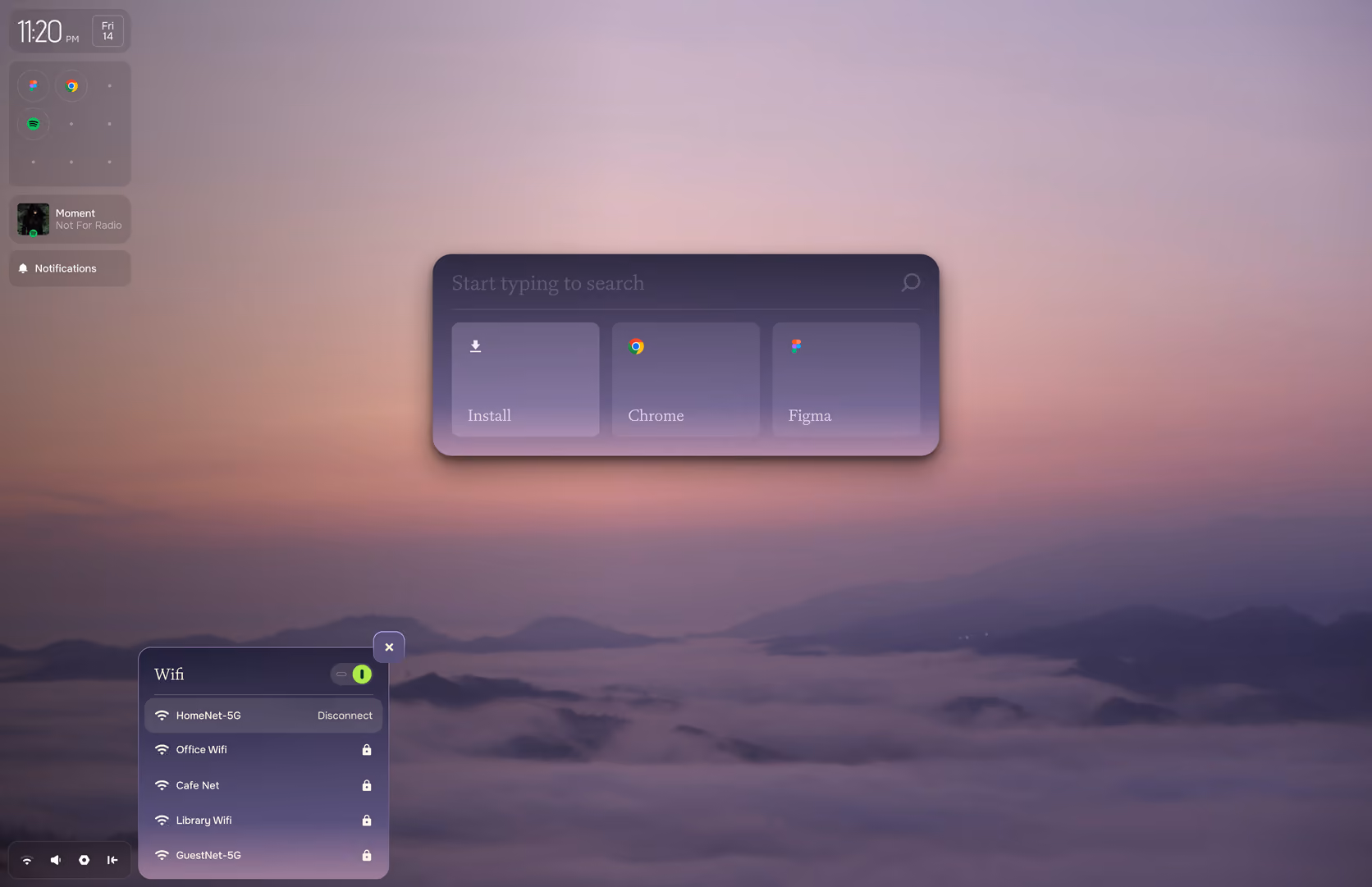 Pond desktop in the Wisteria theme: lavender launcher and Wi-Fi panel over misty mountains at dusk