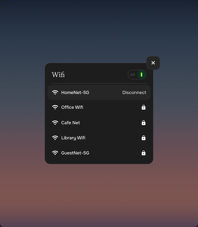 Wi-Fi panel showing the connected network and other available networks